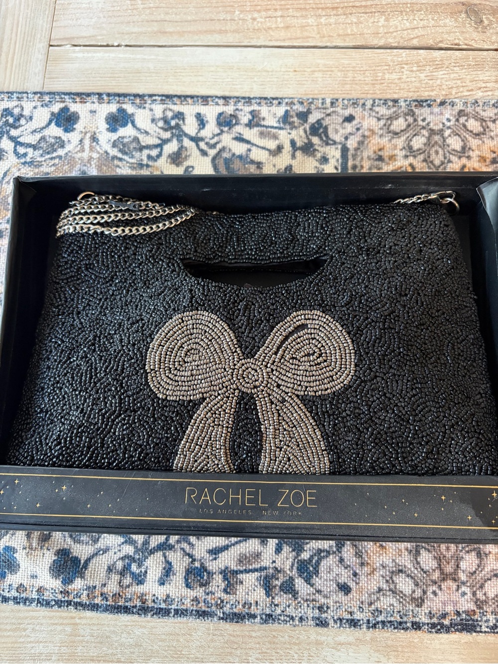 Rachel Zoe Black Beaded Clutch with Silver Bow Accent